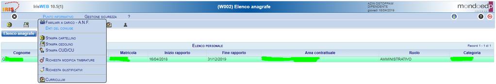 Blocco note - Richiesta giustificativi Orologio Richiesta modifica timbrature e/o omessa timbratura Accesso da menu comandi Il menu è disponibile, in alto a sinistra, dalla voce Punto informativo e