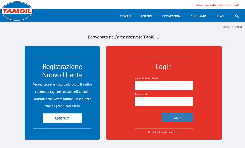 Cliccando su Vai alla pagina di Login oppure direttamente su Area riservata gestori e clienti (come evidenziato nell immagine precedente), appare la pagina di accesso all area riservata.