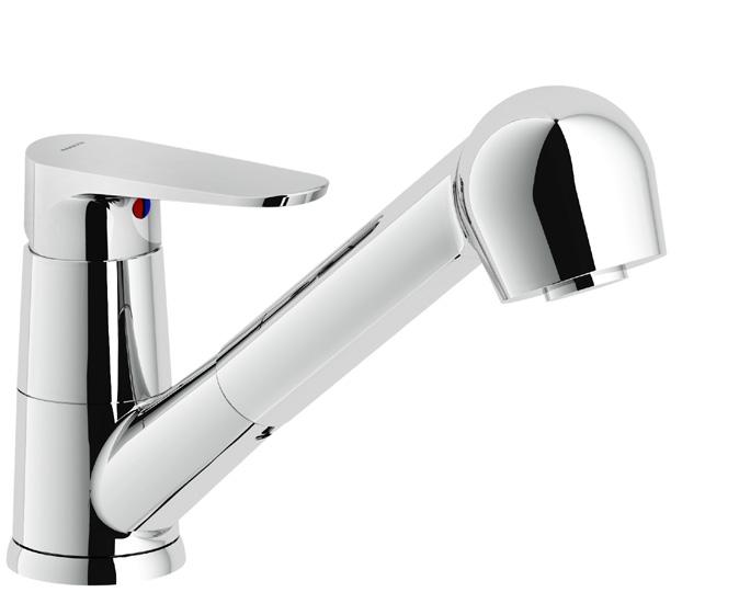 estraibile, flessibili inox ø 3/8 Single control, 50% two step cartridge for water saving, swivel body, pull-out single jet hand shower, ø 3/8