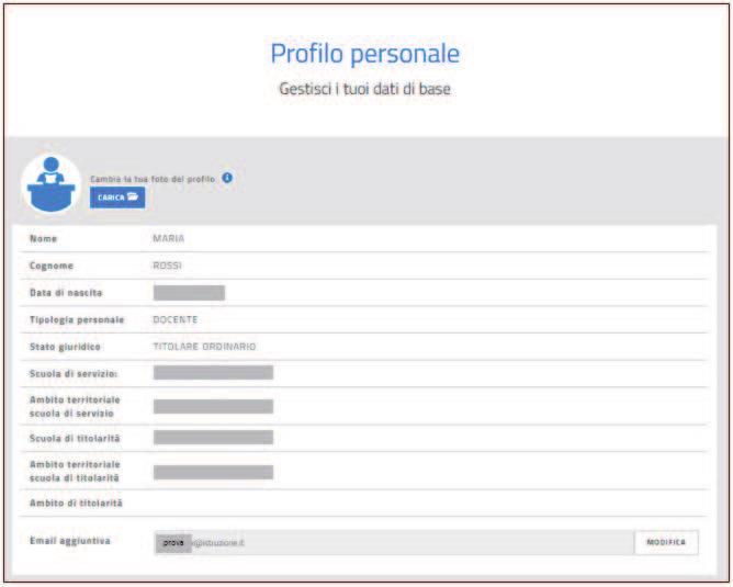 Il Profilo personale Nella sezione Profilo personale vengono prospettate le informazioni personali del docente in termini di: o Nome o Cognome o Data di nascita o Tipologia del personale o Stato