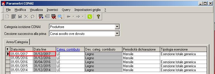 Questa procedura deve essere eseguita dalle sole aziende che gestiscono il Contributo ambientale Conai Selezionare il menu Magazzino/Contributi e aprire la voce Parametri CONAI, inserire 01/01/2017