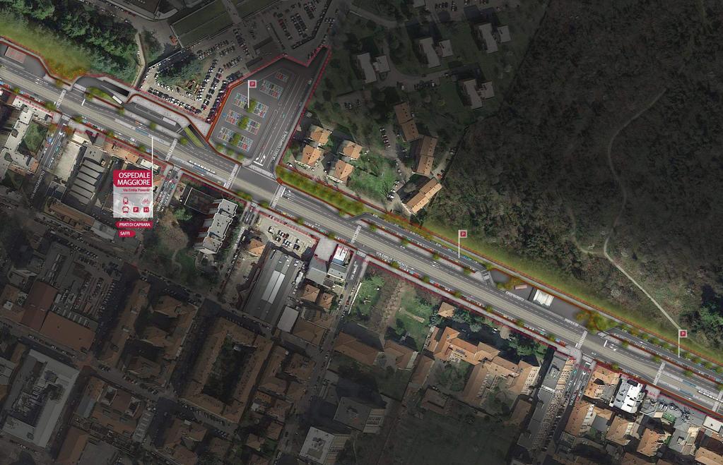 Via Emilia di Ponente (via Sandro Pertini a via V. Veneto) - Sede tranviaria riservata a doppio binario - Due corsie di marcia traffico privato dir.