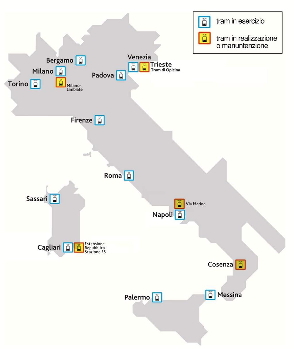 Linee di tram in Italia sono presenti in 12 città, per un totale di ca.
