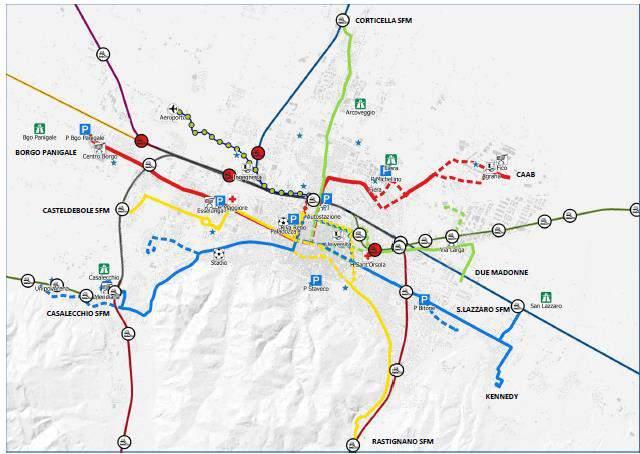 Lo scenario previsto dal PUMS con orizzonte 2030 prevede la realizzazione di quattro linee tranviarie : Linea Rossa: Terminal Borgo Panigale Facoltà di Agraria/CAAB; Linea Gialla: Casteldebole