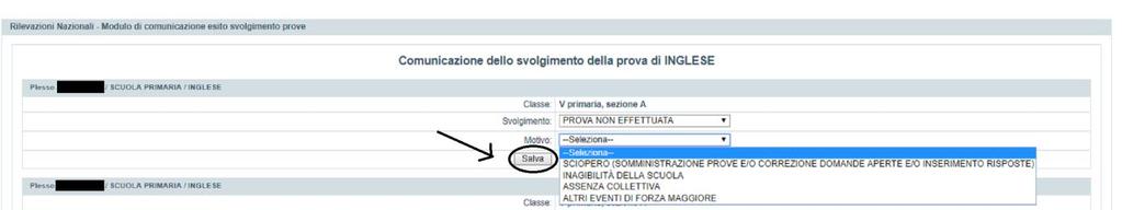 Figura 8 Per registrare il dato selezionato attraverso la tendina è necessario premere sempre il pulsante Salva BOX 6 Invio dati classi campione Nel caso di mancata somministrazione nelle classi