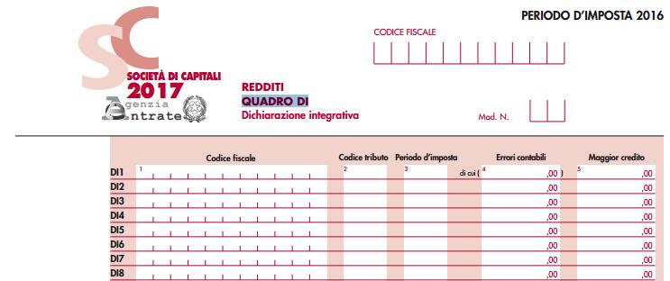 Regole di compilazione Quadro DI (MODELLO REDDITI SP/2017) Nella dichiarazione relativa al periodo d imposta in cui è presentata la Dichiarazione Integrativa (quindi nel Modello Redditi SP/2017