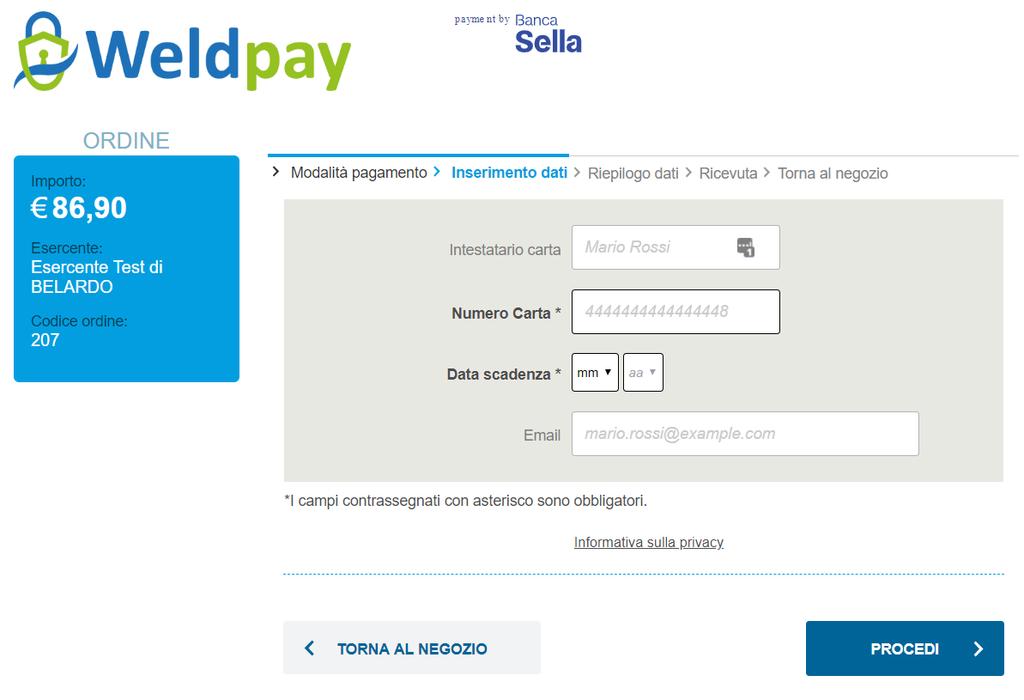 Schermate del sistema di pagamento Gateway di