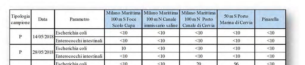 I campionamenti effettuati hanno evidenziato due non conformità in corrispondenza dei punti Milano Marittima 100 m N Porto Canale di Cervia e 50 m S Porto Marina di Cervia nel prelievo effettuato in