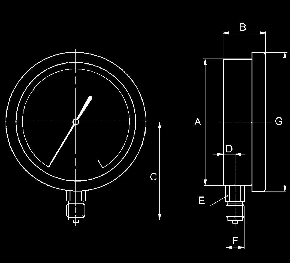 radiale per montaggio diretto esecuzione C: attacco posteriore per montaggio incassato e fissaggio con 3 fori Pressure gauge with threaded pressure connection