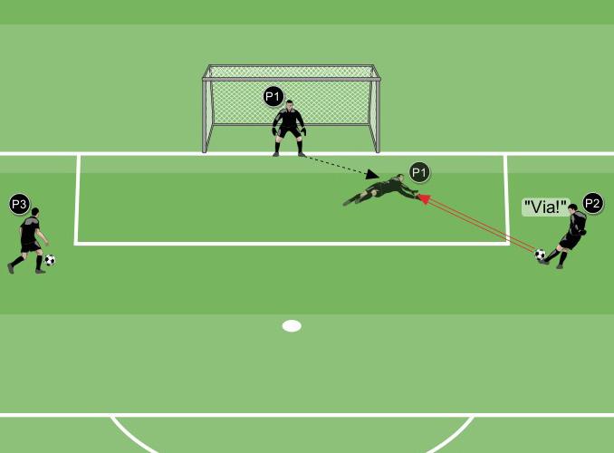 P1 interviene in tuffo sul pallone condotto dai compagni cercando la presa o la respinta dello stesso all esterno dello spazio di gioco.