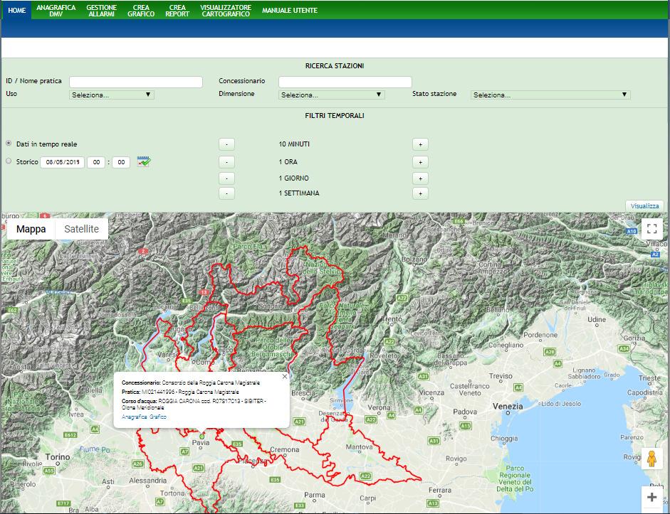 4. VISUALIZZAZIONE CARTOGRAFICA DELLE STAZIONI DI MONITORAGGIO Una volta effettuato l accesso, l utente Autorità Concedente visualizza nel tab HOME le derivazioni di propria competenza in