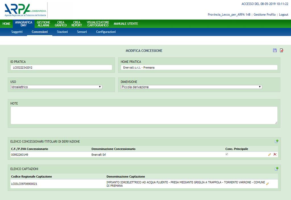 corrispondenti ai concessionari: Cliccando sul tasto matita l utente può