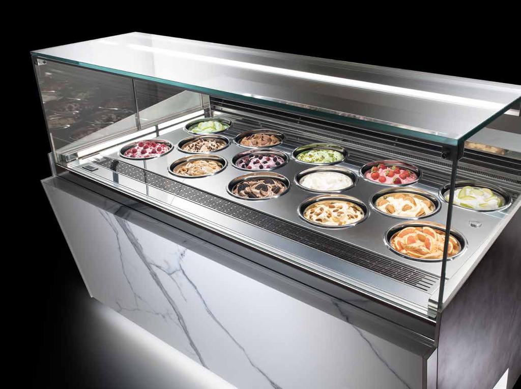 Elevata visibilità ed innovativa esposizione del gelato.