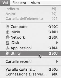 MAC OS X 11 Selezionare [Utility] nel menu [Vai]. In Mac OS X vers. da 10.5 a 10.5.5, fare clic su [Preferenze di sistema] nel menu Apple ( ) e selezionare [Stampante e Fax] ( ).