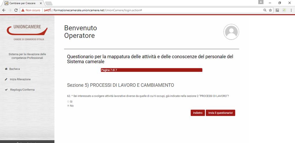 Pagina 8 di 13 A completamento definitivo del questionario è necessario eseguire l operazione di INVIO dello stesso al segretario generale, che ha il compito di validarlo.