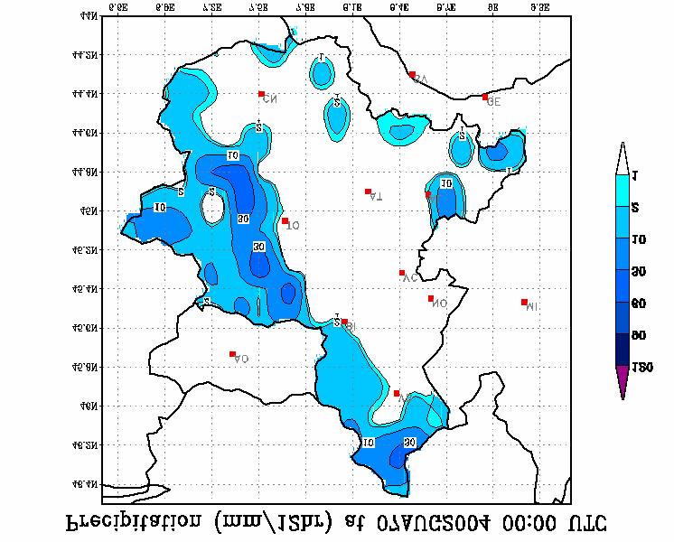 Fig. 27 - Mappa delle precipitazioni cumulate sull intera regione in 12h, dalle 12UTC di Venerdì 6 alle 00UTC di Sabato 7.