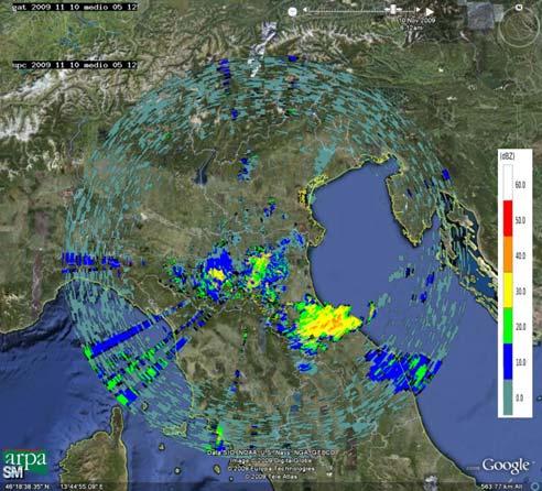 Mappe di riflettività del 10/11/2009 alle 05:12 UTC (in alto a sinistra), alle 07:42 UTC (in alto a destra), alle 09:42 UTC (in basso a sinistra) e alle 11:42 UTC (in