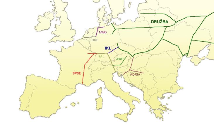 The Crude Oil Pipeline Network in Europe Trans Alpine Pipeline (TAL) L Oleodotto Transalpino (TAL), partendo dal golfo di Trieste