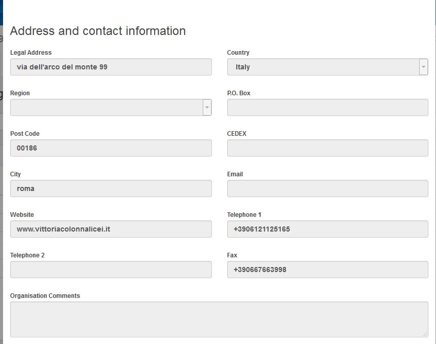 Questa icona vi permette di visualizzare i dati dell istituto/organizzazione corrispondente; si apre la seguente schermata: 000000000 Via Erasmusplus NON E POSSIBILE MODIFICARE I DATI DEL