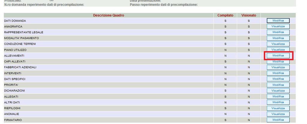 4.7. Quadro ALLEVAMENTI Per accedere al quadro è necessario premere il tasto in corrispondenza della riga ALLEVAMENTI (fig. 37) presente nella schermata iniziale della domanda.