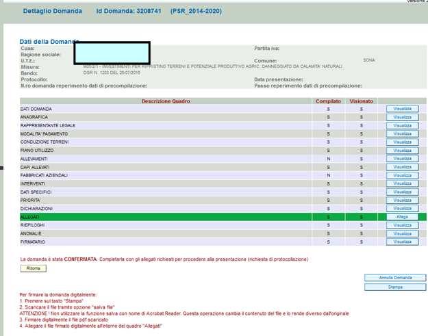 Una volta confermata la domanda, il sistema evidenzierà il messaggio La domanda è stata CONFERMATA.