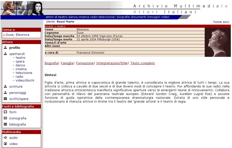 3. Navigazione: Attore Il percorso di navigazione sull attore, destinato alla visualizzazione dei dati riguardanti la vita e la carriera, è il principale della struttura.