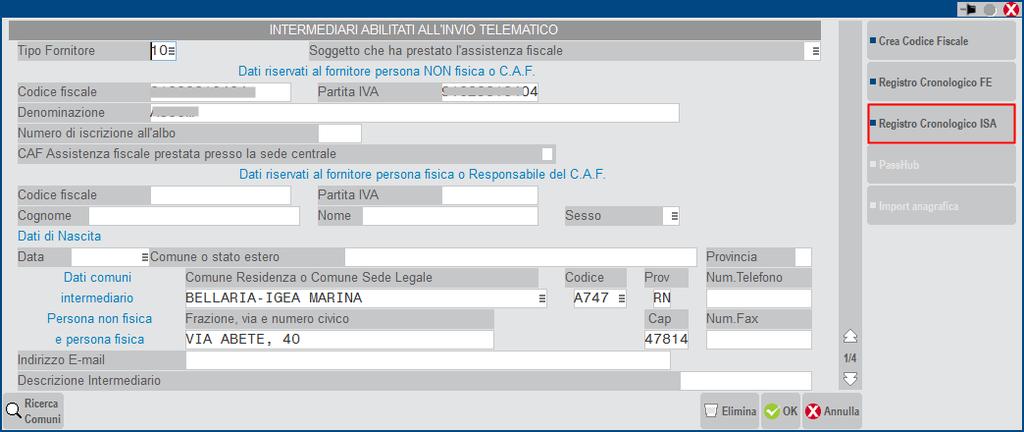 Premere Registro cronologico ISA [Shift+F6] e indicare la corrispondente sigla azienda: Se