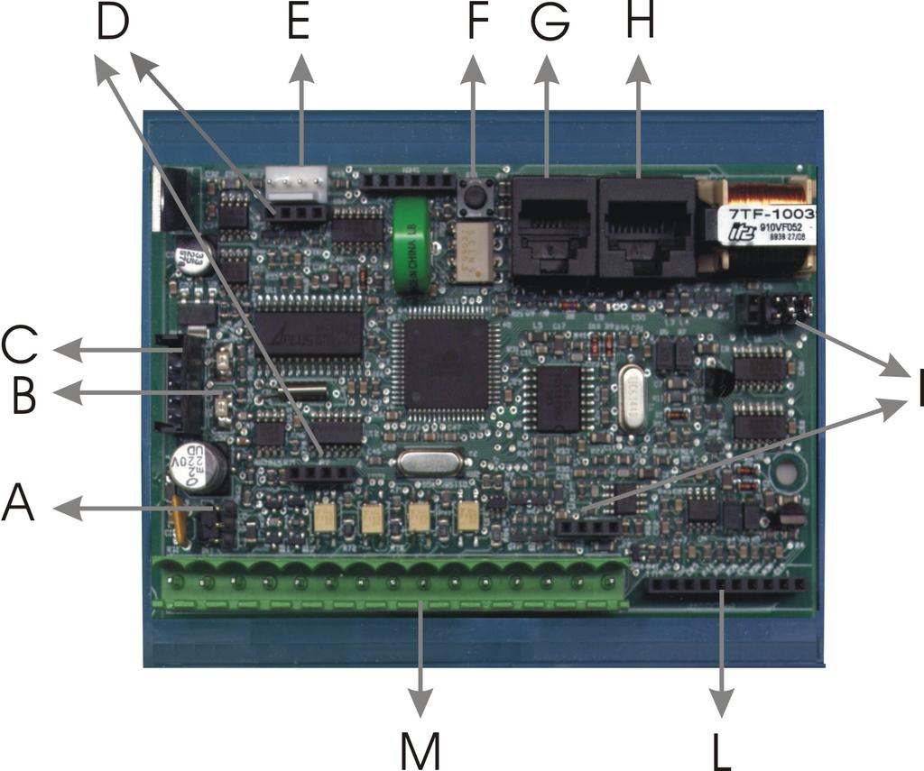 DESCRIZIONE HARDWARE Figura 1 A Jumper JP8 per definizione funzionamento ingressi allarme AL1 e AL2 B LED indicazione stato dispositivo (rosso) e intensità campo GSM 200 (verde) C Connettore