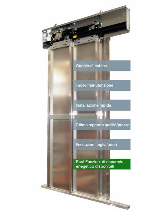 Le porte di piano e di cabina 2000 C-Cubic, disponibili con apertura telescopica a due ante, possono essere facilmente accoppiate con le altre linee di prodotto