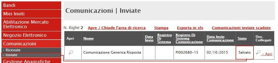 Salva: per salvare il documento Risposta alla Comunicazione e renderlo disponibile in futuro per il completamento.