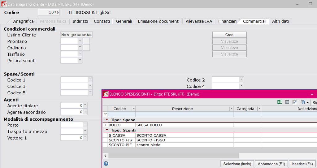 Posizionarsi sulla pagina COMMERCIALI Caricare in uno dei campi codice della sezione SPESE/SCONTI, il codice spesa