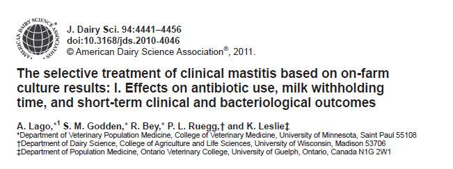 Studio in USA (Wisconsin) su 8 allevamenti da latte (da 144 a 1797 vacche) Confronto tra casi di mastite (SOLO gravità 1 e 2): 1) trattati alla cieca (214 vacche) 2) trattate sulla base della coltura