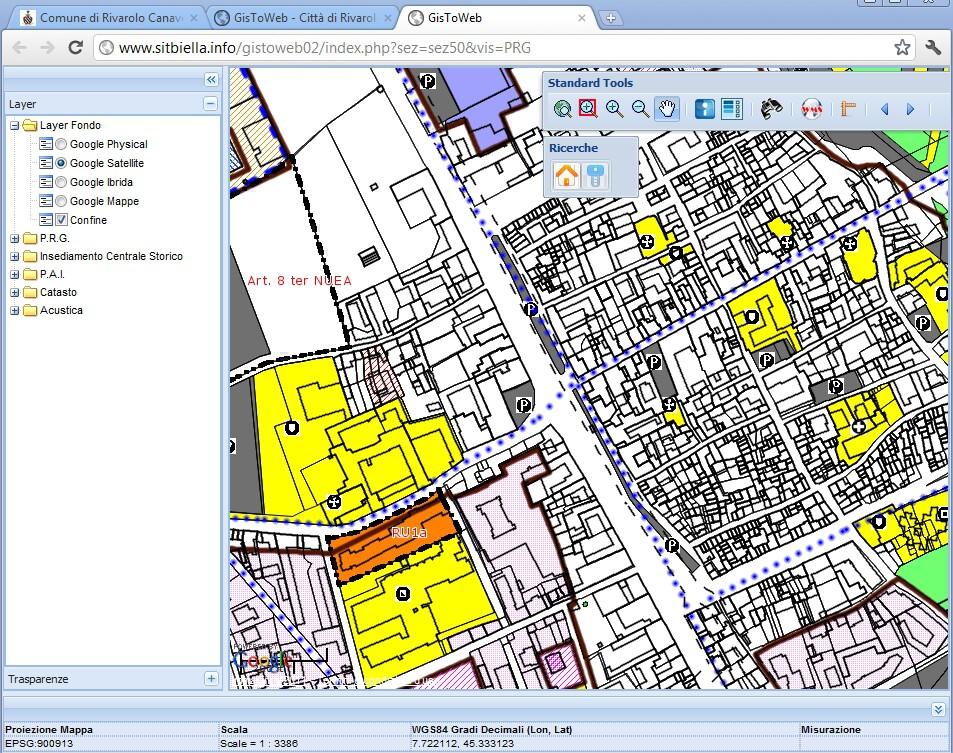 Il programma di gestione G.I.S.. Il programma fornisce gli strumenti per personalizzare la visualizzazione della mappa, come ingrandimento, posizione e trasparenza.