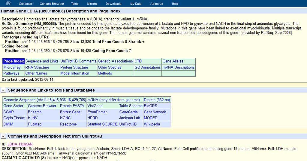 UCSC Genome Browser: descrizione del gene scelto.