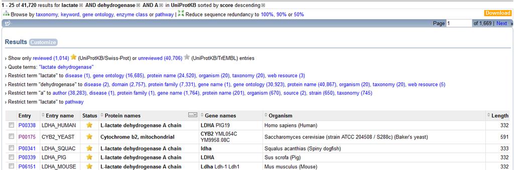 Query di sequenza in UniProt Siamo interessati a conoscere la sequenza proteica