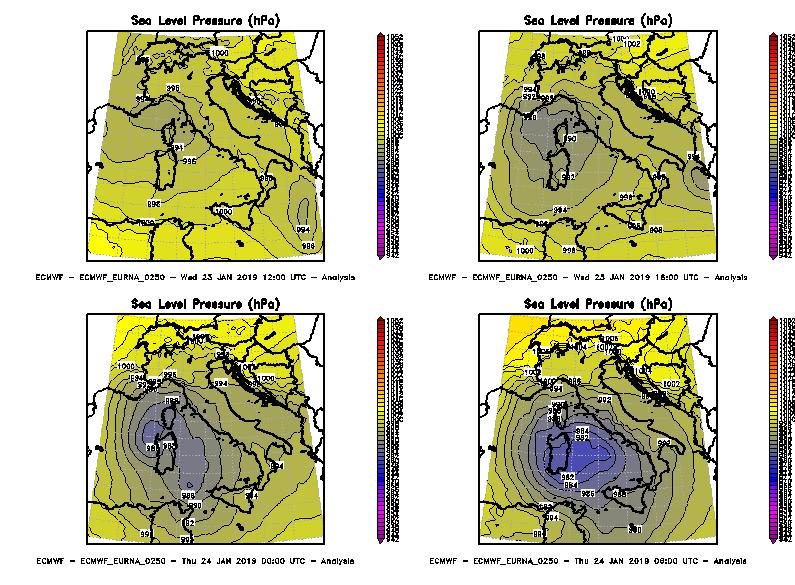 Figura 6 - Evoluzione della pressione al livello del mare (hpa) tra le ore 12 UTC del 23 e 06 UTC del 24 gennaio 2019, intervallata ogni 6 ore.