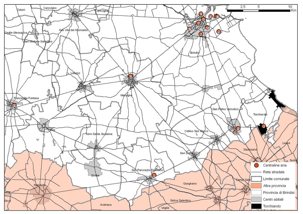 Allegato 2 Dati di concentrazione di PM10 da stazioni fisse di monitoraggio della Q.A. Nella mappa seguente sono localizzate le centraline gestite da ARPA in provincia di Brindisi. In tabella n.