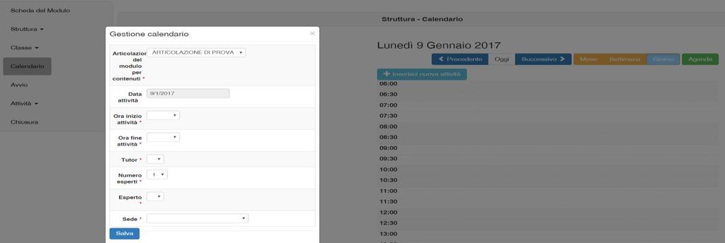 Fig. 39 Inserimento attività nel Calendario Via via che le attività previste vengono inserite con la relativa durata, il sistema provvede in maniera automatica a scalare le ore già assegnate