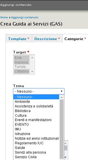 Le altre categorizzazioni presenti sono gestite a livello di template e quindi, non modificabili dal redattore dell Ente. Figura: Form Categorie 5.