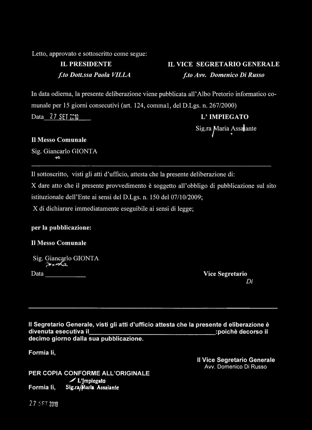 267/2000) Data 2 7 S E i : : : 3 L IMPIEGATO Il Messo Comunale Sig. Giancarlo GIONTA v i Sig.