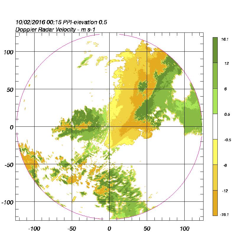 Le mappe di vento Doppler in Figura 16, relative all'acquisizione più vicina al suolo del radar di San