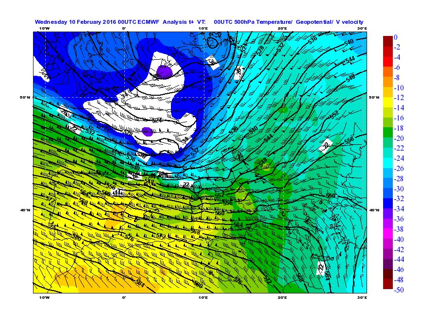 Figura 1: Mappa di analisi (da modello IFS-ECMWF) di temperatura, geopotenziale e vento a 500 hpa del alle 12 UTC.