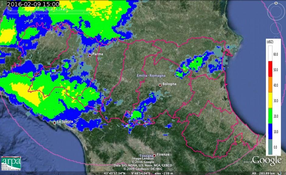 Alle 13:30 UTC si osservano due nuclei separati, il primo sulla provincia di Parma ed il secondo sull'area appenninica della