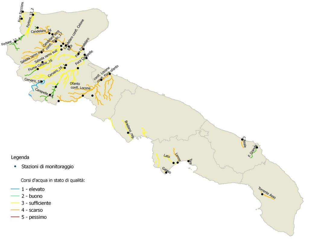 Distribuzione territoriale dei punti di monitoraggio e classe di qualità dei corsi d acqua pugliesi in base al calcolo dell indice LIMeco dati 2015 Nel grafico