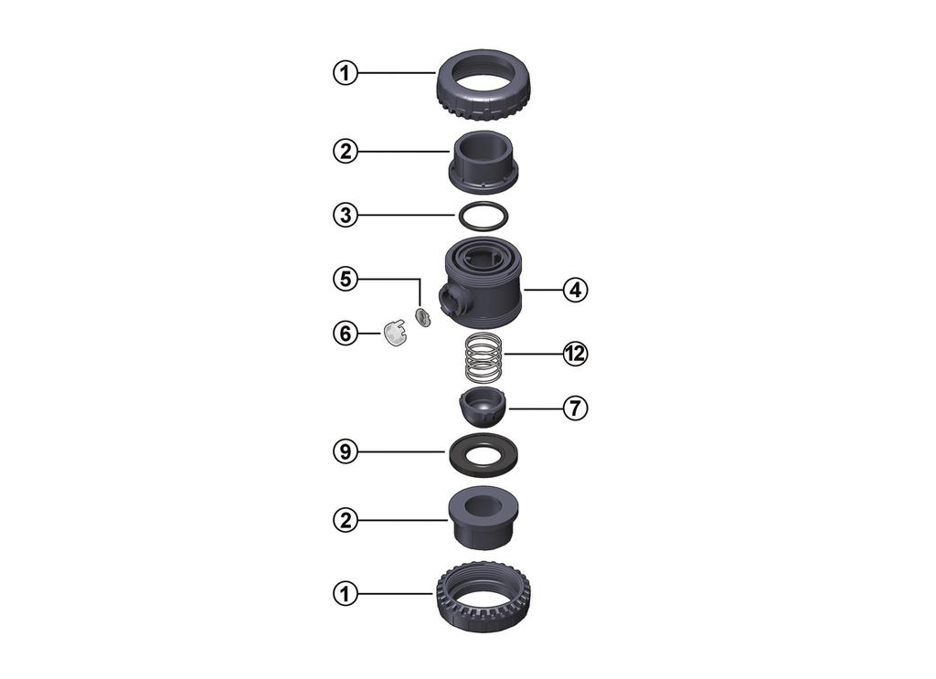 Componenti ESPLOSO 1 Ghiera (PVC-C - 2) 2 Manicotto (PVC-C - 2) 3 O-Ring di tenuta di testa (EPDM, FPM - 2) 4 Cassa (PVC-C - 1) 5 Piastrina porta etichetta (PVC - 1) 6 Tappo di protezione trasparente