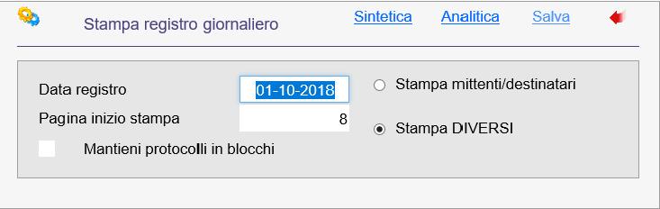 Si visualizza la seguente maschera: nel campo Data registro è proposta di default la data del giorno, ma è possibile modificarla; nel campo Pagina inizio stampa è proposto di default il numero di