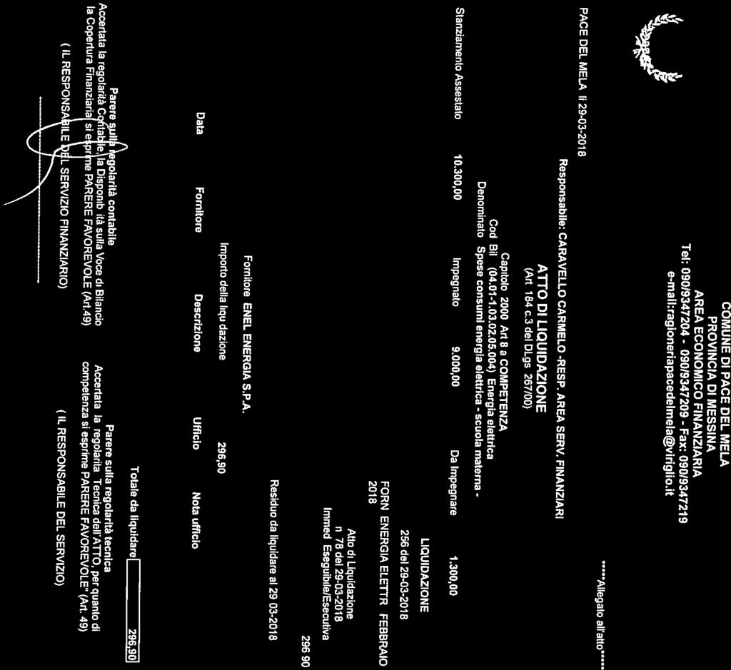 I, (Ad. 184 c.3 del DLgs. 267/OD) AlTO DI LIQUIDAZIONE Responsabile: CARAVELLO CARMELO -RESP. AREA SERV. FINANZIARI PACE DEL MELA, 1129-03- Allegato all atto U e-maii:ragioneriapacedeimeiavirigiio.