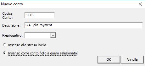 Nell esempio del caso riportato, viene assegnato il primo codice libero relativo al conto 32 (IVA c/erario), che in questo esempio occuperà il codice 32.05. Per procedere, dal modulo Contabilità: 1.