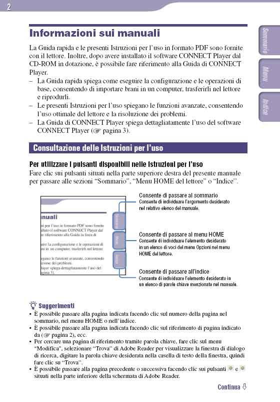 2 Informazioni sui manuali La Guida rapida e le presenti Istruzioni per l uso in formato PDF sono fornite con il lettore.