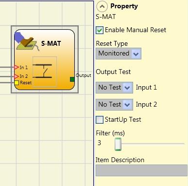 S-MAT (safety mat) The S-MAT function block verifies the status of the inputs of a safety mat. If a person stands on the mat the output is 0 (FALSE).